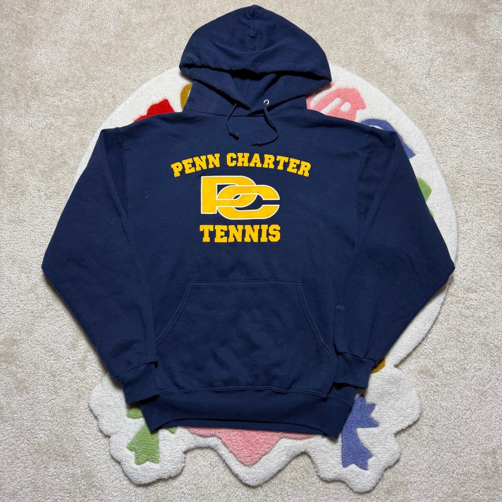 Jerzees Penn Charter Tennis Hoodie Navy Blue Yellow Size Medium Watkins Graphic